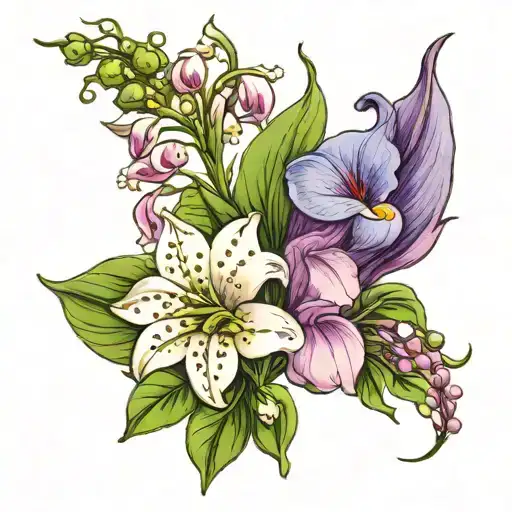 lily of the valley flower with morning glory flower and violet flower  tattoo design idea