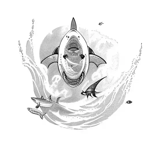 A blackwork tattoo showcasing a traveler exploring the depths of the ocean, encountering various species of sharks tattoo design idea