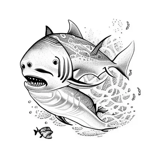 A blackwork tattoo showcasing a traveler exploring the depths of the ocean, encountering various species of sharks tattoo design idea