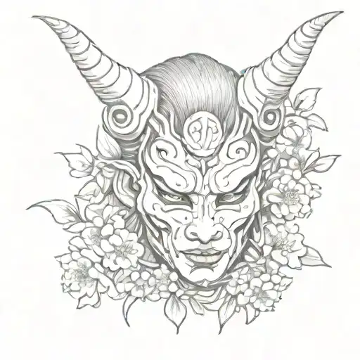 Oni Mask, geisha, cherry blossom tattoo design idea