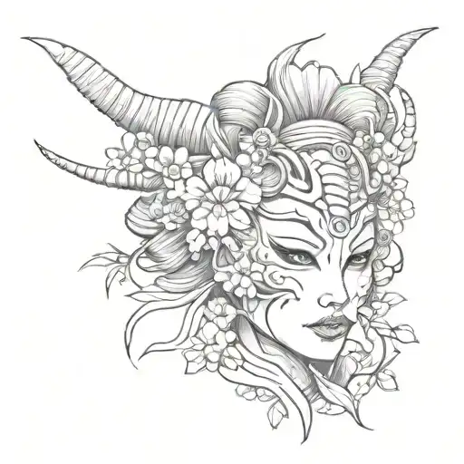 half Oni Mask, half geisha, cherry blossom tattoo design idea