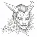 Oni Mask, geisha, cherry blossom tattoo design idea