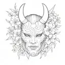 Oni Mask, geisha, cherry blossom tattoo design idea