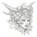 half Oni Mask, half geisha, cherry blossom tattoo design idea
