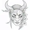 half Oni Mask, half geisha, cherry blossom tattoo design idea