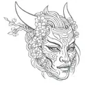 half Oni Mask, half geisha, cherry blossom tattoo design idea