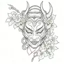 half Oni Mask, half geisha, cherry blossom tattoo design idea