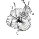 A half sleeve tattoo combining the elegance of a hibiscus flower with the playfulness of a Pembroke Welsh Corgi in a sketch style tattoo design idea