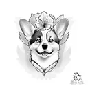 A half sleeve tattoo combining the elegance of a hibiscus flower with the playfulness of a Pembroke Welsh Corgi in a sketch style tattoo design idea