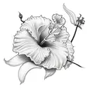 A half sleeve tattoo combining the elegance of a hibiscus flower with the playfulness of a Pembroke Welsh Corgi in a sketch style tattoo design idea