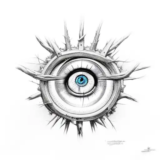blue eye, wood grain in white, held by crown of thorns.  tattoo design idea