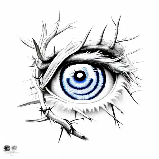 blue eye, wood grain in sclera of eye, surrounded by crown of thorns.  tattoo design idea