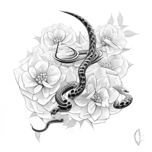 cobra with flowers and thorns digging into snake. tattoo design idea