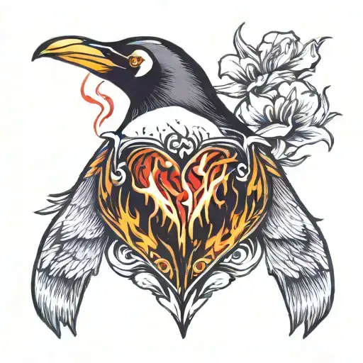 penguin, heart, fire inside tattoo design idea