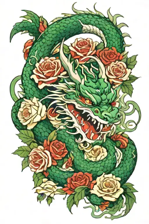 Green and White Japanese Dragon With Roses all around tattoo design idea