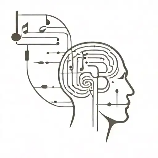 A minimalist tattoo design of a software developer's brain with musical notes and family portraits as thoughts tattoo design idea