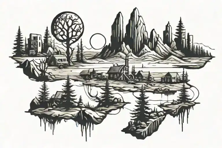 post-apocalyptic landscape tattoo design idea