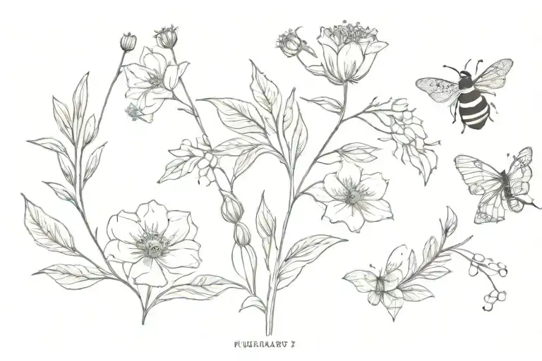 February, April, august, november, September birth flowers in a straight line  botanical foliage a bee and butterfly tattoo design idea
