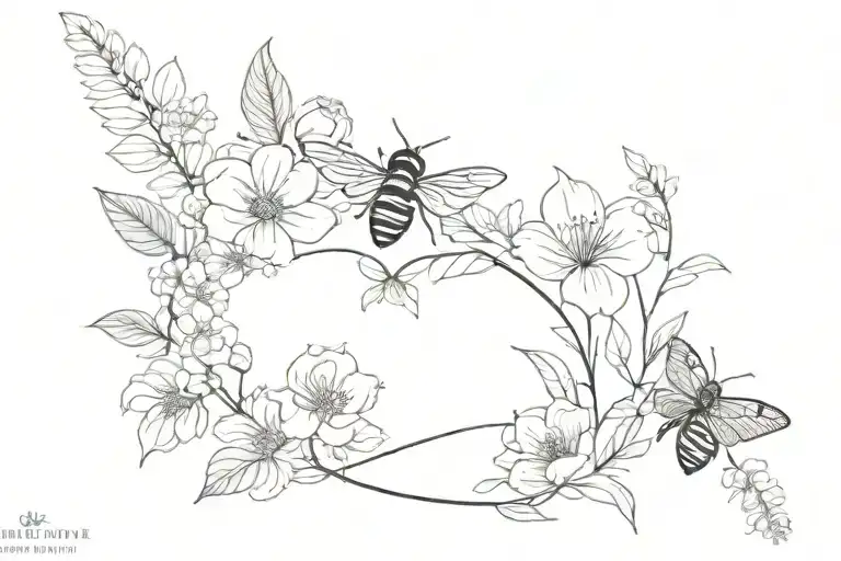 February, April, august, november, September birth flowers in a band with botanical foliage w/ a bee and butterfly tattoo design idea