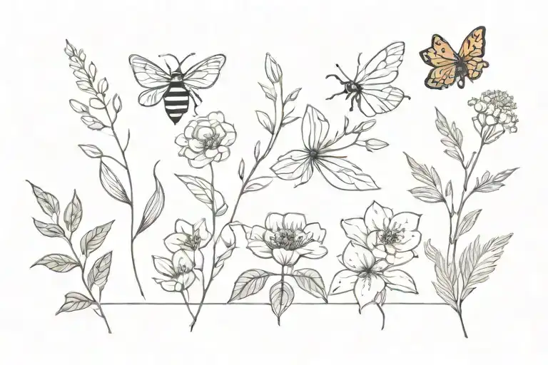 February, April, august, november, September birth flowers in a straight line  botanical foliage a bee and butterfly tattoo design idea