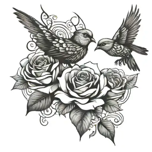A symmetrical design of roses and birds inspired by Maori art, with intricate blackwork details to highlight the beauty of the design tattoo design idea
