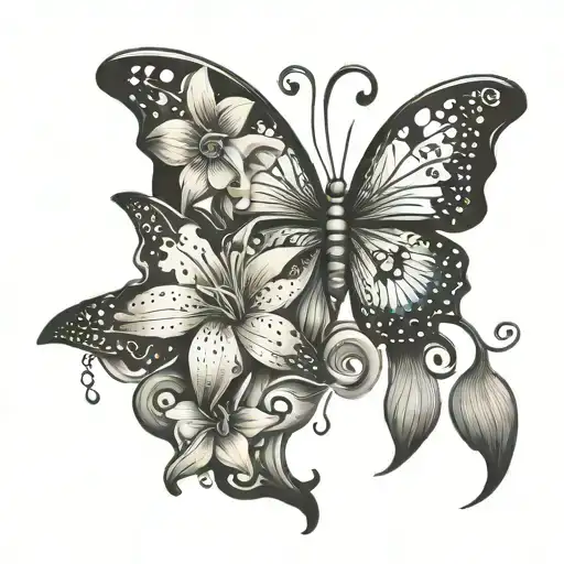 A whimsical tattoo featuring butterflies and lilies in a Maori-inspired composition, with dotwork accents for a modern twist tattoo design idea