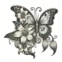 A whimsical tattoo featuring butterflies and lilies in a Maori-inspired composition, with dotwork accents for a modern twist tattoo design idea