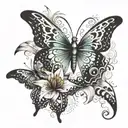 A whimsical tattoo featuring butterflies and lilies in a Maori-inspired composition, with dotwork accents for a modern twist tattoo design idea