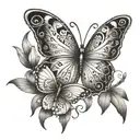 A whimsical tattoo featuring butterflies and lilies in a Maori-inspired composition, with dotwork accents for a modern twist tattoo design idea