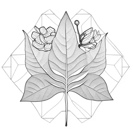 bouquet eucalyptus leaves and peach flowers and gingko leaves in art nouveau style in a recatngular box tattoo design idea
