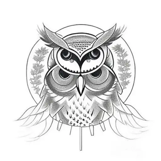 Owl with a halo looking to the side standing on a branch tattoo design idea