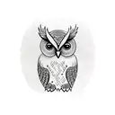 Owl with a halo looking to the side standing on a branch tattoo design idea