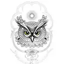 Owl with a halo looking to the side standing on a branch tattoo design idea