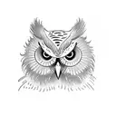 Owl with a halo looking to the side standing on a branch tattoo design idea