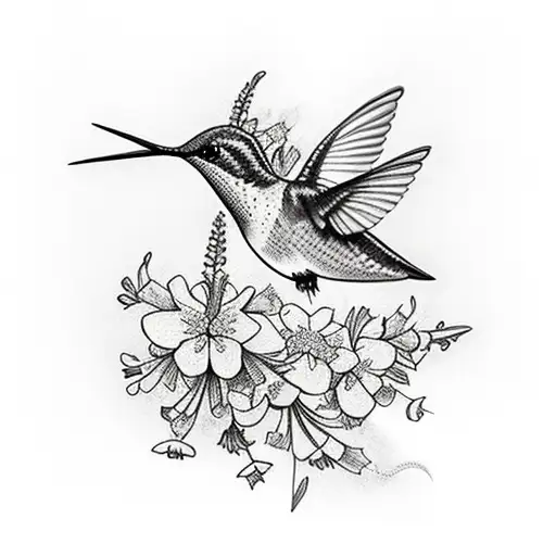 A hummingbird surrounded by larkspur flowers and hawthorn branches tattoo design idea