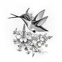 A hummingbird surrounded by larkspur flowers and hawthorn branches tattoo design idea