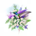 A hummingbird surrounded by larkspur flowers and hawthorn branches tattoo design idea
