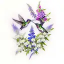 A hummingbird surrounded by larkspur flowers and hawthorn branches tattoo design idea