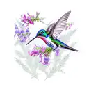 A hummingbird surrounded by larkspur flowers and hawthorn branches tattoo design idea