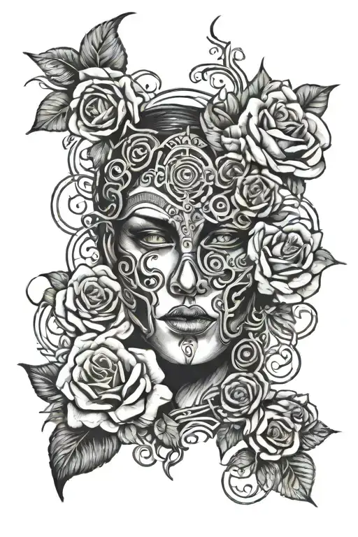 rome rings with a face that a mask breake from it and make some roses and 1 compas and nice shadows around all tattoo tattoo design idea