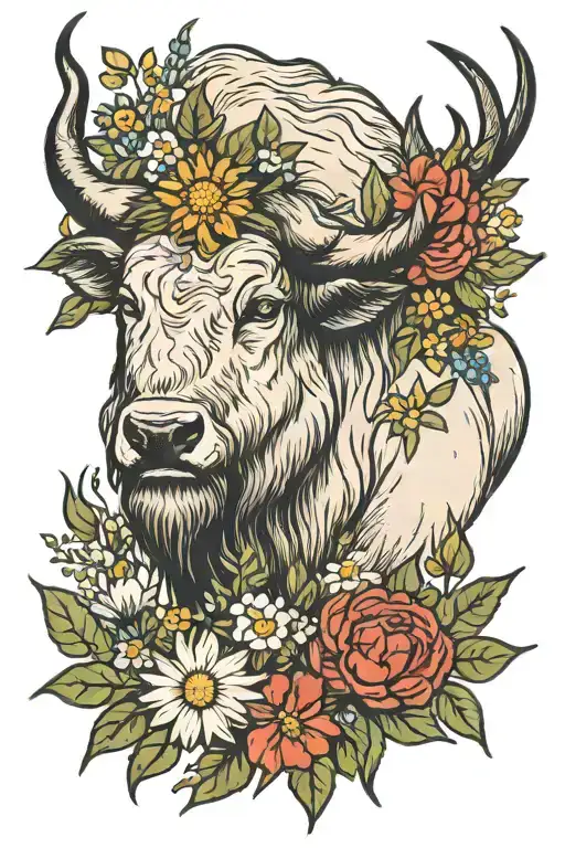 white buffalo and wild flowers surrounding tattoo design idea