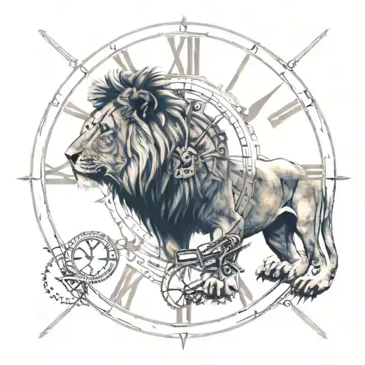 lion with blue eyes, a clock with Roman numerals marking 6:22 am place an astronaut that is subtle in the design tattoo design idea