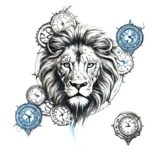 lion face with blue eyes, a clock with roman numerals tattoo design idea