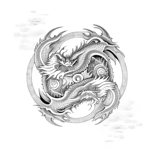 Dragon and wolf in ying yang symbol tattoo design idea