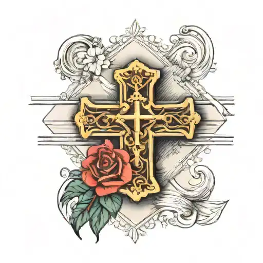 a cross with the bible verse roman 8:28 on the forearm tattoo design idea