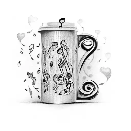 A police officer holding a coffee mug with music notes flowing around tattoo design idea