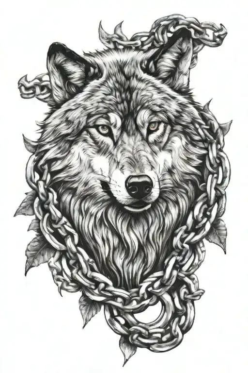 wolf dragged by chain nordic symbols around tattoo design idea