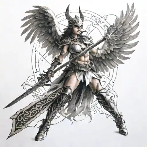 A Valkyrie surrounded by mystical runes and holding a glowing sword tattoo design idea