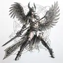 A Valkyrie surrounded by mystical runes and holding a glowing sword tattoo design idea