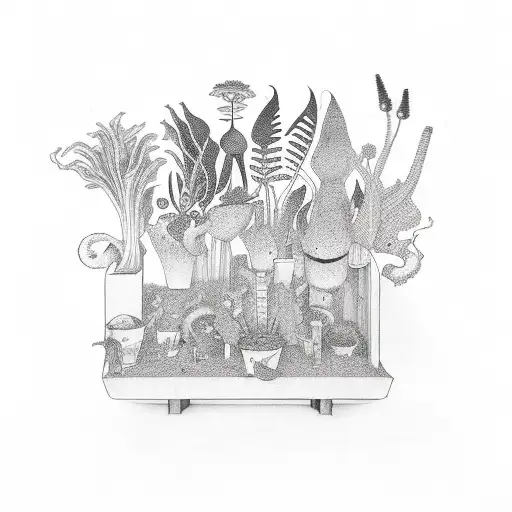 a plant curiosity cabinet with monsters tattoo design idea